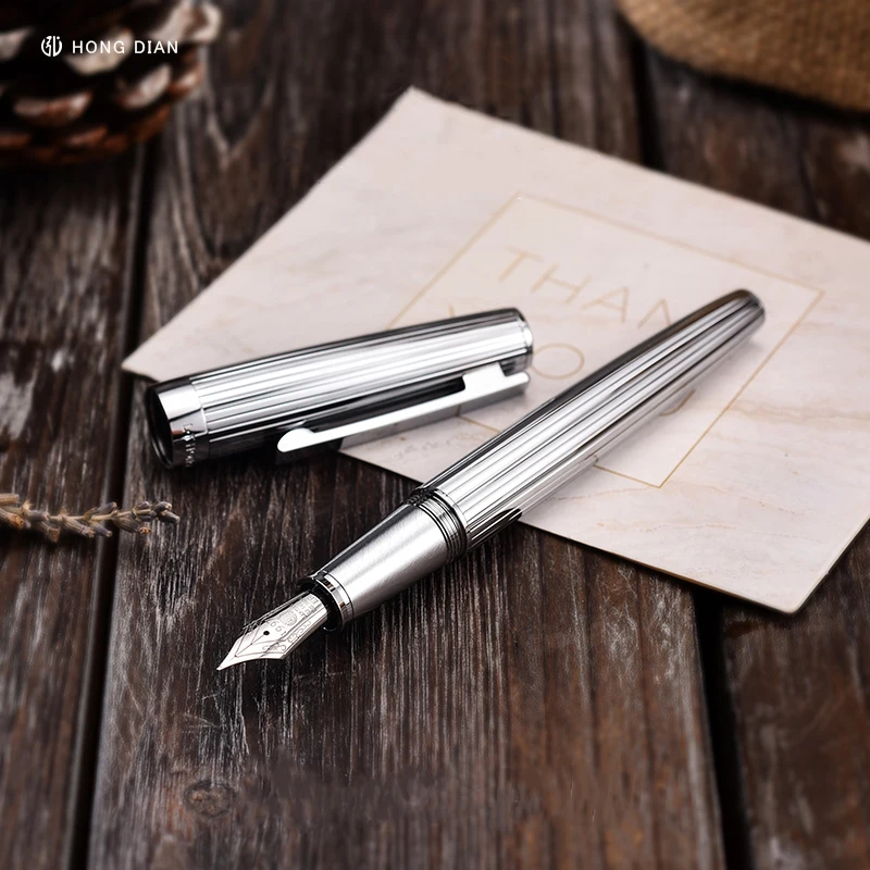 

LT Hongdian 1845 Metal Fountain Pen Stainless Steel Ink Pen Stripe EF/F Nib Silver/Black Office Business Writing Ink Pen