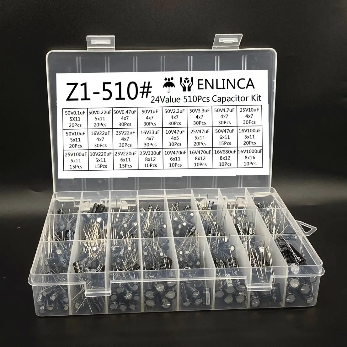 510 Teile/los 0,1 UF-1000 UF 24 Werte Aluminium-elektrolytkondensatoren 16-50 V mix elektrolytkondensator Assorted kit und aufbewahrungsbox – Detail 1