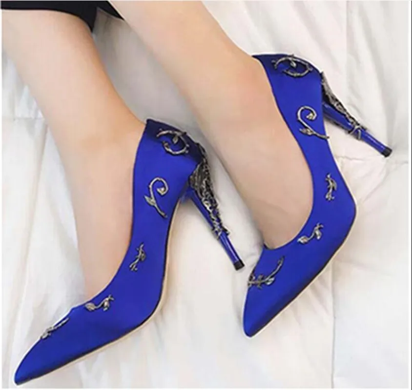 Custom 42 large size wedding shoes fashion catwalk silk embroidered high heels pointed toe metal stiletto banquet women\'s shoes