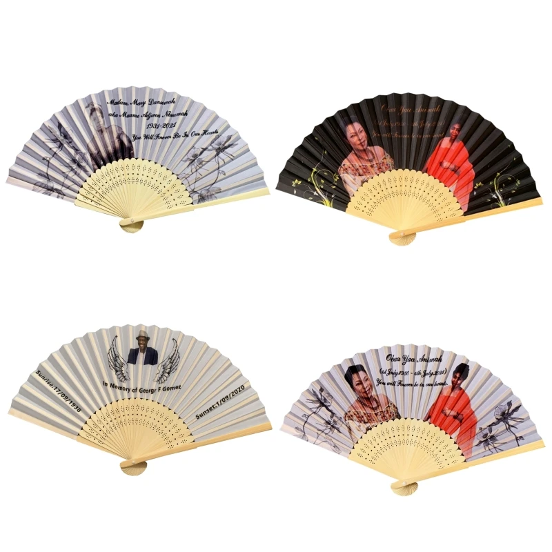 

500pcs/lot Customized Souvenir Gift for Dead Funeral Decorative Fabric Folding Hand Fan In Memory of Somebody to Guest