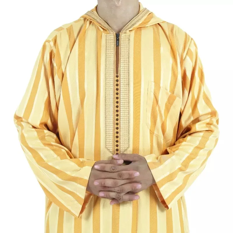 New Qatar Muslim Moroccan Long Sleeve Hooded Design Islamic Men\'s Cotton And Linen Stripe Robe Arabic Kaftan Men Worship Abaya