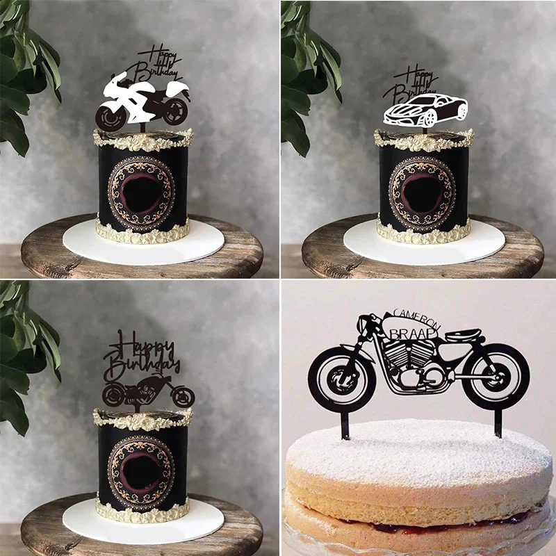 New Locomotive Happy Birthday Acrylic Cake Topper Golden Racing Boy Cake Topper for Kids Birthday Party Cake Decoration Supplies