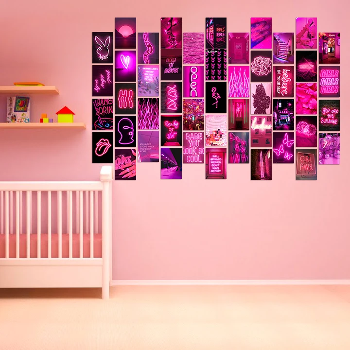 50Pcs Pink Neon Aesthetic Wall Collage Kit Room Bedroom Living Home Decoration Posters Warm Color Ornament Photo Gift for Adult