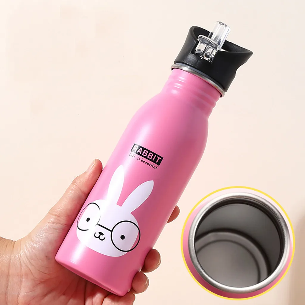 Cute Children Water Bottle Portable Outdoor Stainless Steel Water Bottles Cute Animal Pattern Cup Cold Drink Bottle with Straw