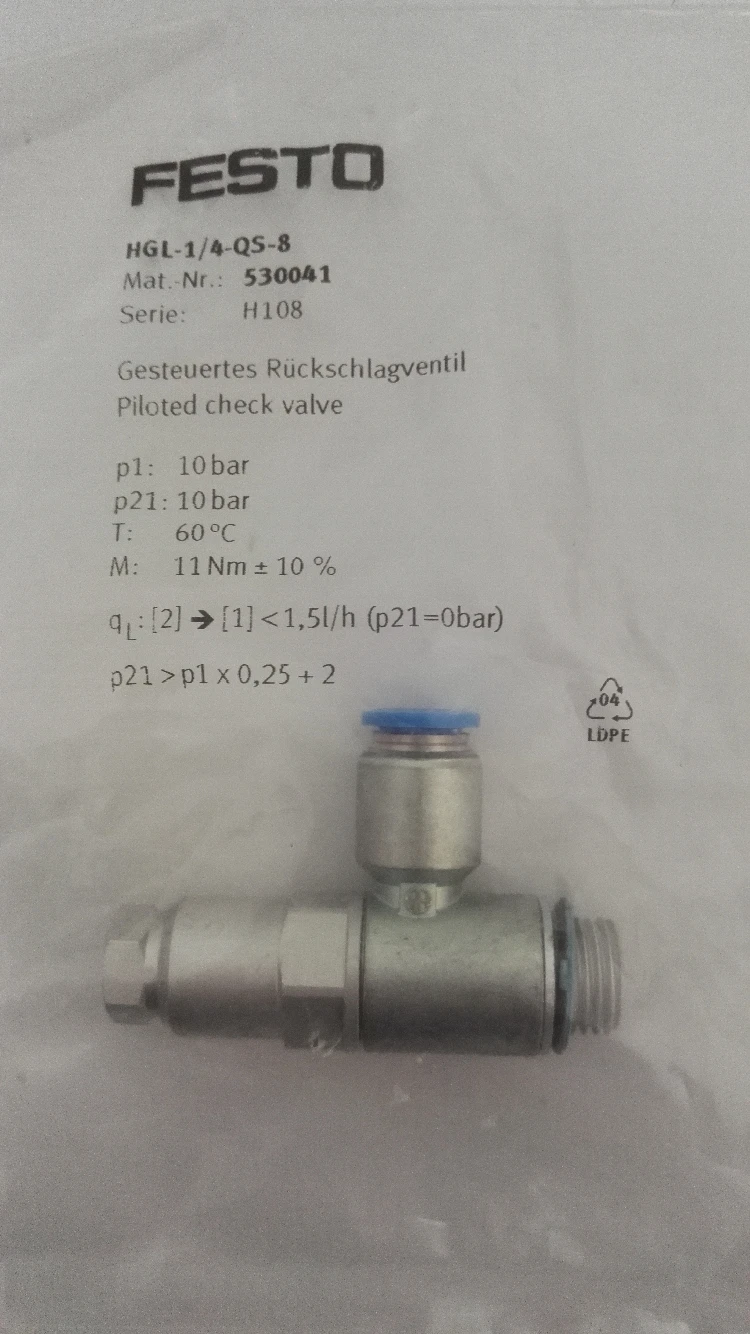 New original pilot operated check valve HGL-1/4-QS-8 530041