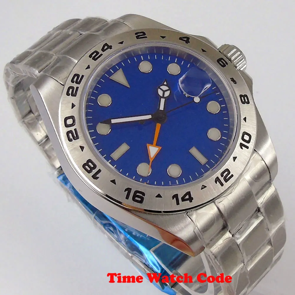 

43mm Automatic Men's Wristwatch GMT Function Date Display Blue Dial Sapphire Glass SS Bracelet Luminous Cyclops Brushed Bezel