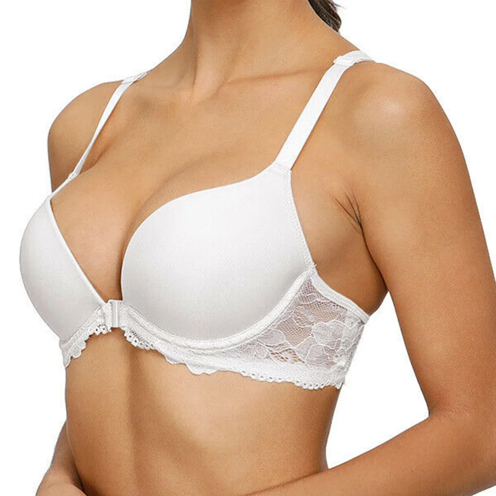 

YBCG White Lace Bra Closure Push Up Women Bra Padded Gather Plunge Low Cut Bralette Underwire Brassiere 30-44 Size A B C D E Cup