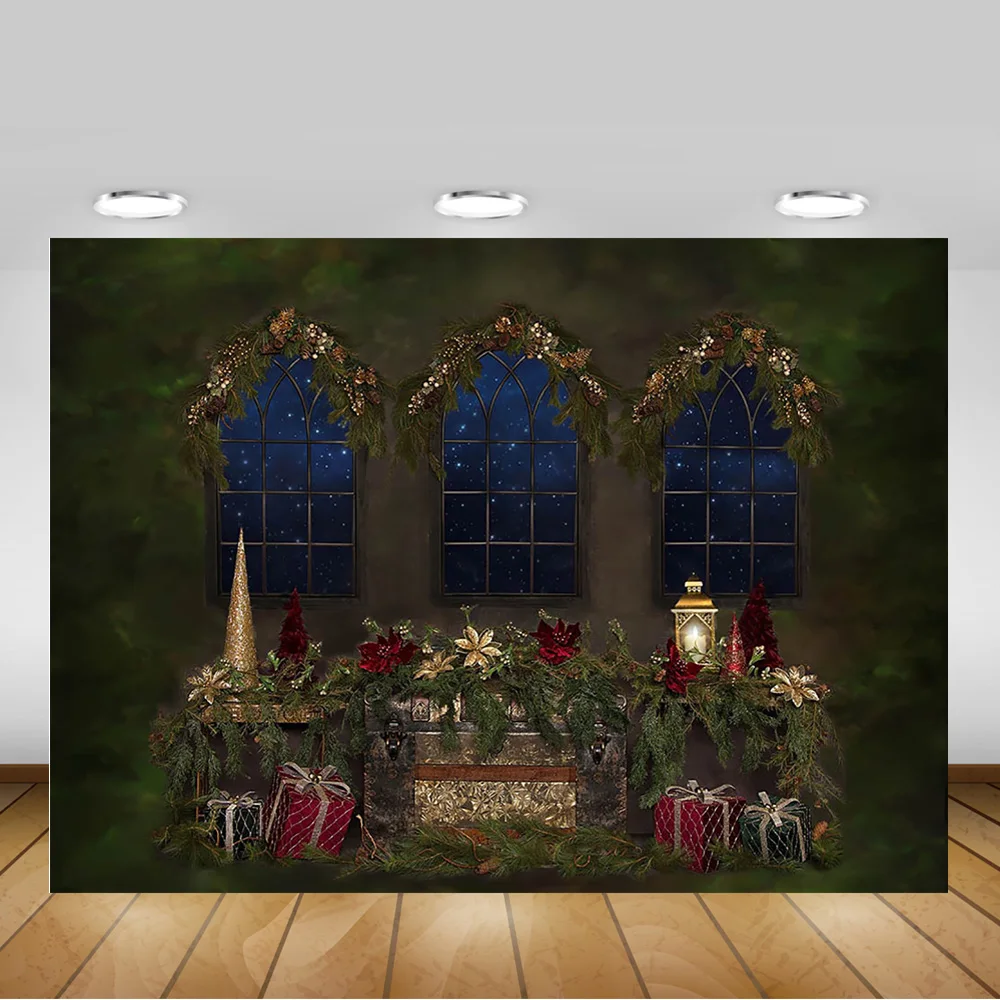 Christmas Window Photography Background Xmas Gift Green Hay Winter Portrait Backdrop for Photo Studio Children Birthday Decor