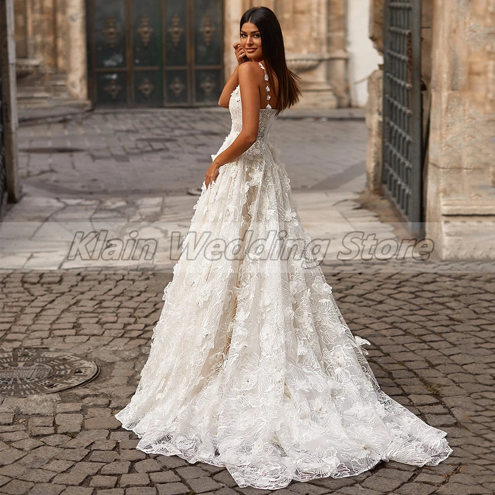 Exquisitos vestidos de novia sin mangas con tirantes finos, apliques de encaje, flores 3D, línea A, vestidos con cremallera en la espalda