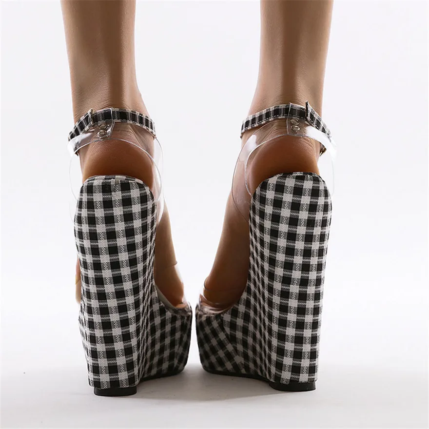 Plaid Fabric Platform Women Sandals 2024 Sexy Transparent PVC Open Toe High Heels Pumps Ankle T-Buckle Bohemia Wedge Shoes Woman