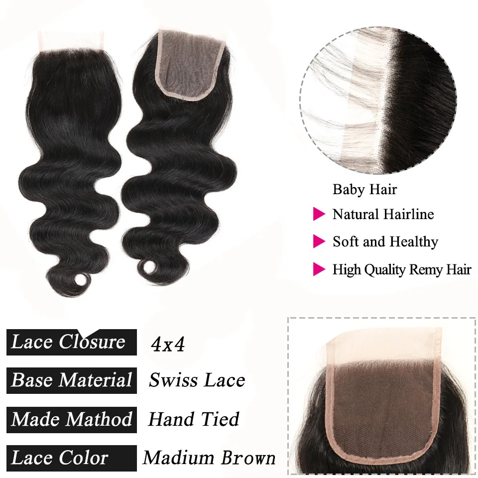 Tissage en lot brésilien Remy avec Closure – Body Wave, cheveux naturels, Extension de cheveux, lot de 3