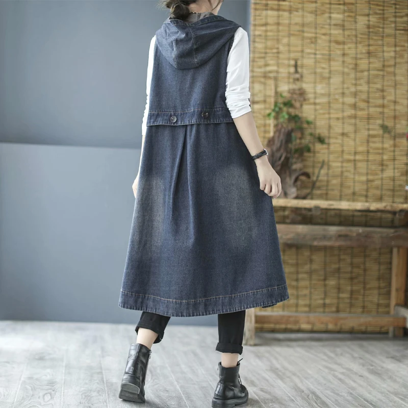 Masss Wasss Korean Style Denim Hooded Long Vest Coat 2021 Women Button Loose Vintage Waistcoats Female Punk Sleeveless Clothes