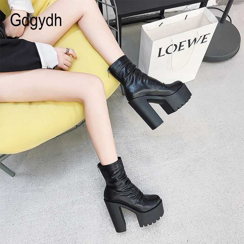 Gdgydh Autumn Winter Platform Boots High Heels Back Zipper Black White Short Boots For Women Waterproof Gothic Shoes