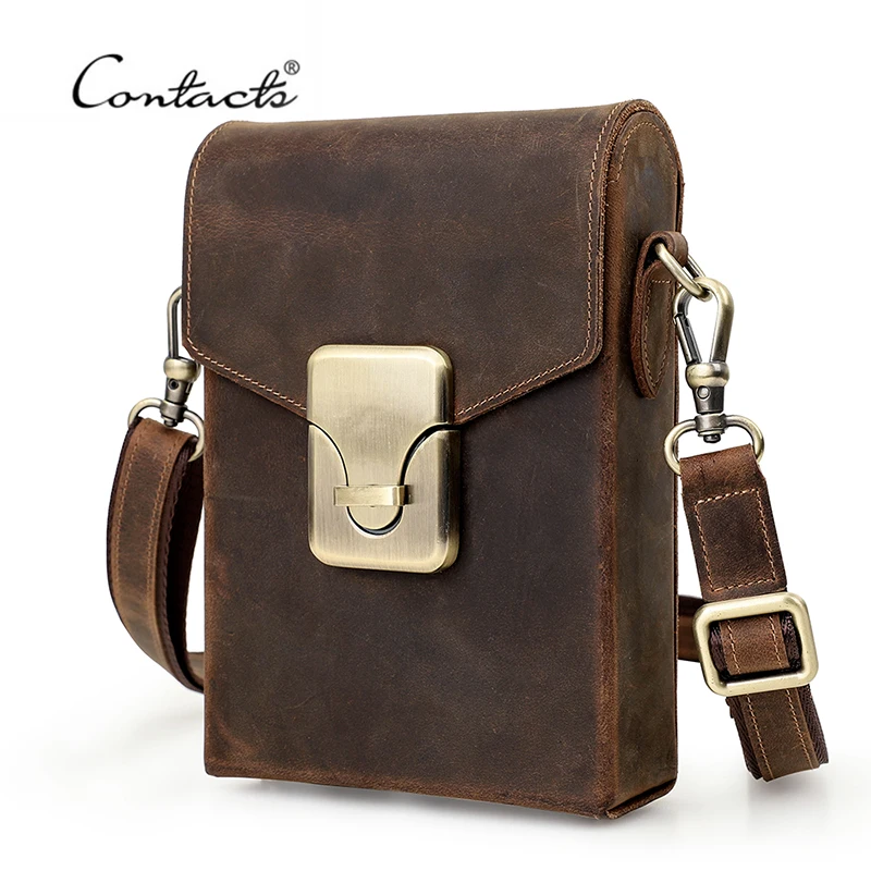 CONTACT\'S Crazy Horse Leather Small Crossbody Bag Casual Men Shoulder Bags Luxury Purse Male Leather Men Phone Bag Pouch Bolsos