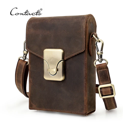CONTACT'S-Bolso cruzado pequeño de cuero Crazy Horse para hombre, bolsa de hombro informal, de lujo, para teléfono