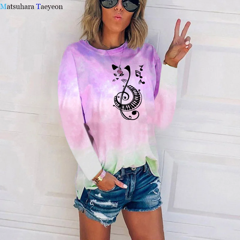 Black Cat Printed Music Tshirt Women Tie-dyed Long Sleeve TShirt Autumn Graphic Tee Shirt Tops Women 2020 Casual Harajuku Tshirt