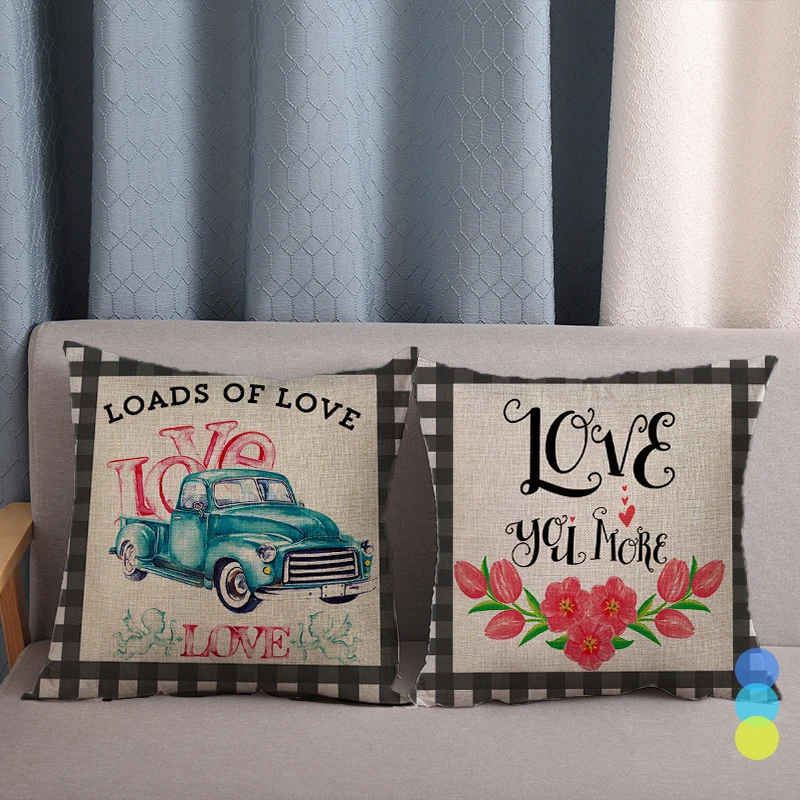 

Faux Linen British Plaid Pillow Case Red Truck Confession Love Cushion Cover NewYear Valentines Day Wedding Gift Home Decoration