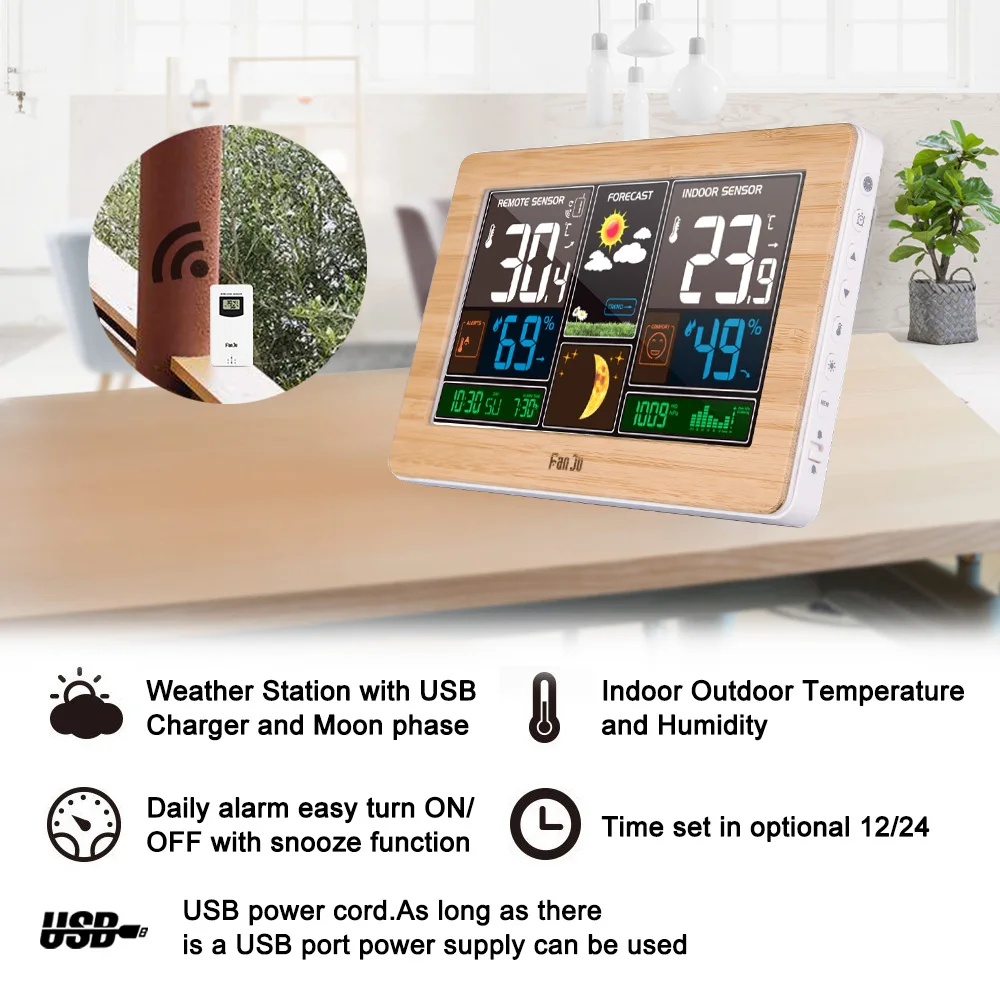 FanJu FJ3378 Digital Alarm Clock Wall Weather Station Indoor Outdoor Temperature Humidity Barometric Forecast Electronic Wat