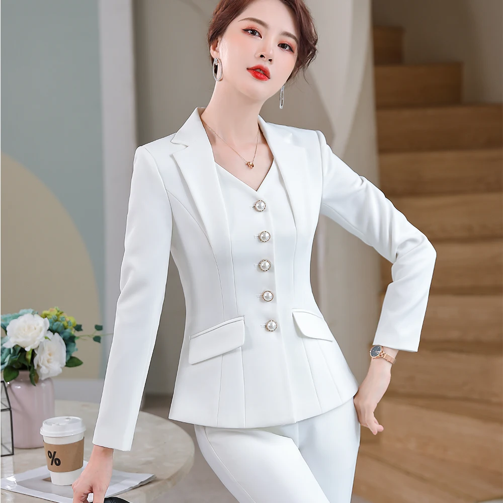 Fashion Design White Red Black Ladies Blazer Jacket And Pant Suit Trousers Women Female Formal Office Work 2 Piece Set