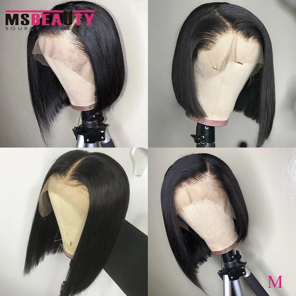 

13*4 Short Bob Wigs Peruvian 100% Remy Hair Lace Front Human Hair Wigs Pre-Plucked Straight Hair Wig Natural Black 150% Density