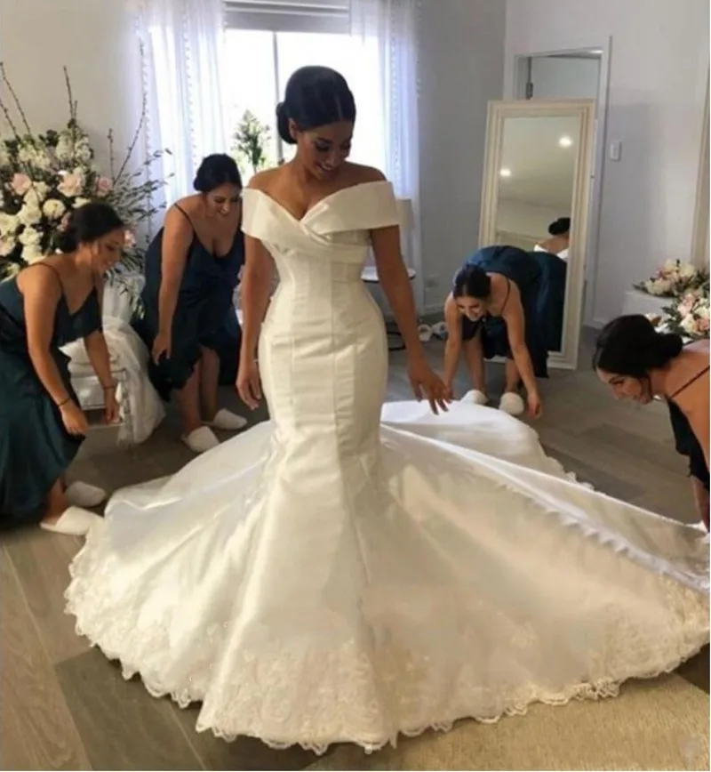 

2025 Satin Mermaid Wedding Dresses Off the Shoulder Appliques Bridal Gowns Lace Up Back Custom Made Vestidos De Noiva