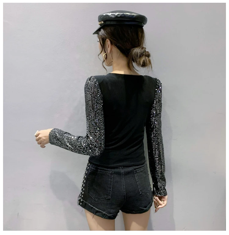 MadBlack Fall Winter European Clothes Bright Coat Chic Sexy V-Neck Zipper Cardigan Shiny Beading Women Long Sleeve Tops T19801A