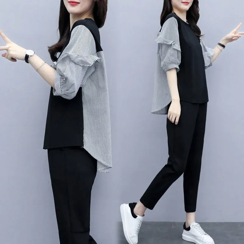 2024 Summer New Women Single Piece/Suit Sports Style Female Wear Belly Stripe Set T-Shirt Top Round Neck Two-Piece 2PCS