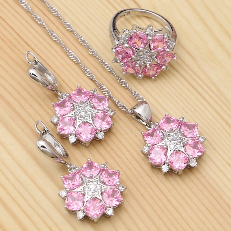 

Silver 925 Bridal Jewelry Sets For Women Pink Cubic Zirconia Flower Shape Pendant Necklace Ring Earrings Set