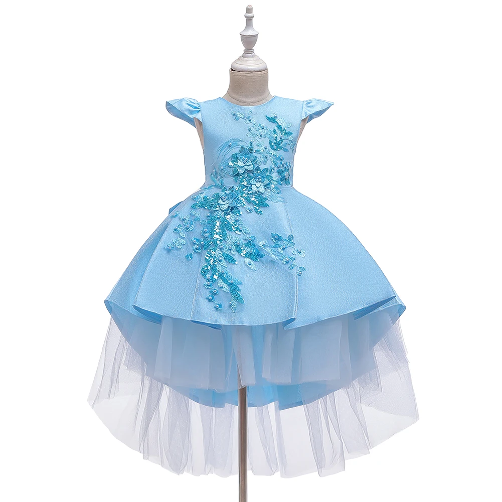 Estilo ocidental cauda menina vestido de casamento elegante tripulação pescoço bebê princesa vestido bordado criança frisado roupas para 10 anos criança