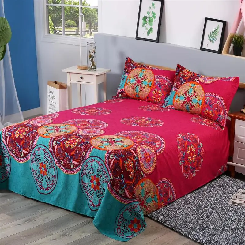 Bohemian Flat sheets Boho Flower Print Bedspreads Bed sheet and pillowcase Queen King  bed cover