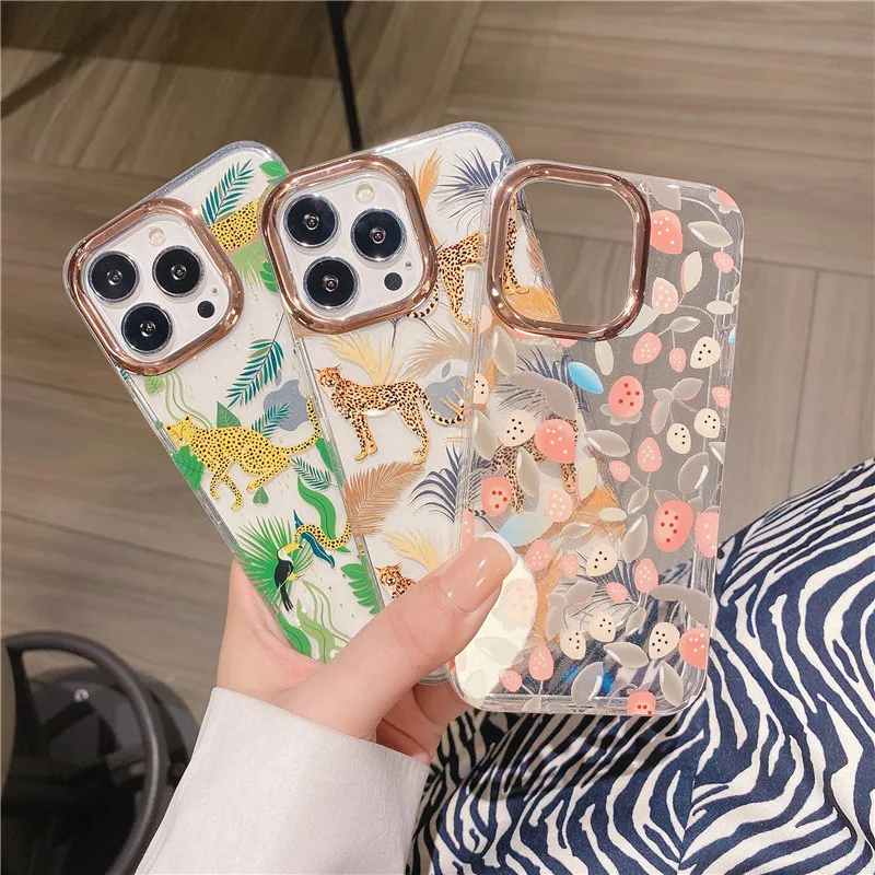 Fashion Transparent Plating Frame Flowers Leopard Case For iPhone 14 13 12 11 Pro Max Plus Glitter Soft Clear Shockproof Cover