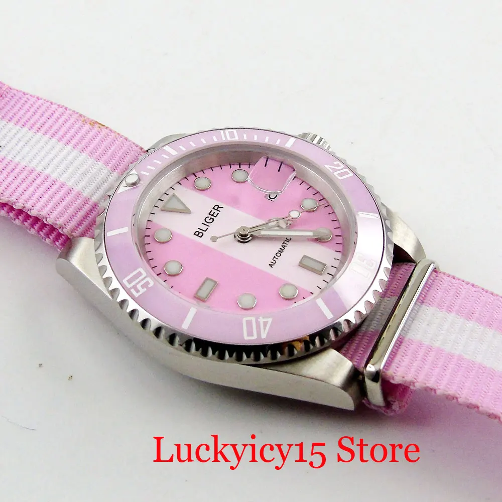 Simple Sport Style 40mm Automatic Men Watch Pink White Color Sapphire Glass Ceramic Bezel MIYOTA Movement Nylon Strap