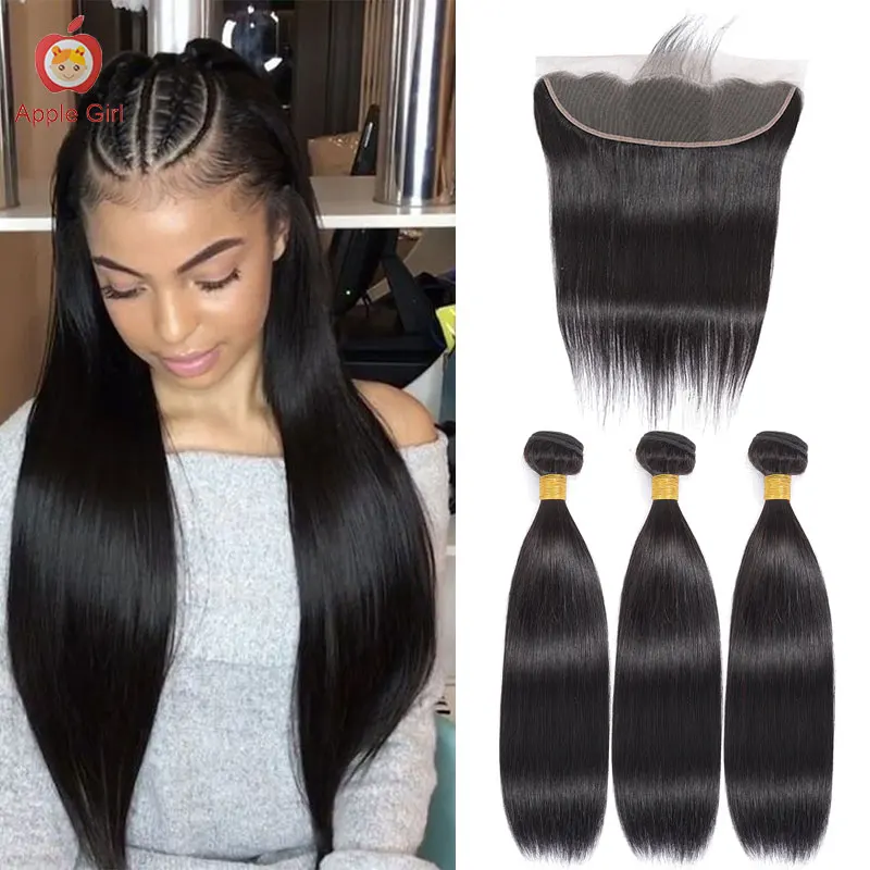 

Transparent Lace Frontal With Bundles 3 or 4 Bundles With Lace Frontal Closure Applegirl Straight Remy Human Hair Weave Weft