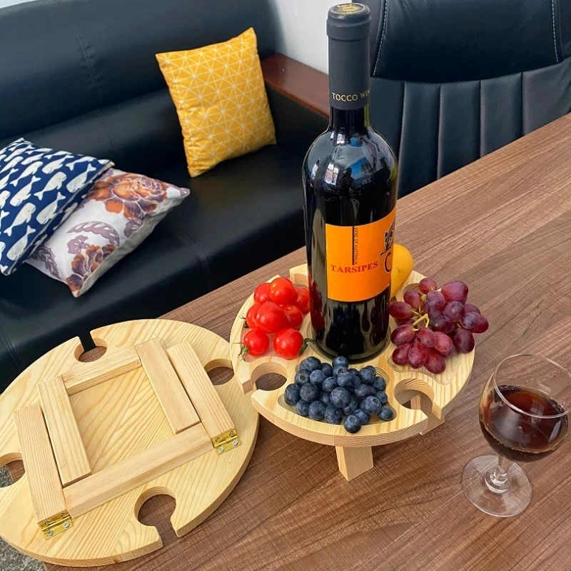 Portable Folding Picnic Table Family Lovers Outdoor Party Goblet Holder Wine Rack 2in1 Fruit Snacks Wooden Travel Dining Table