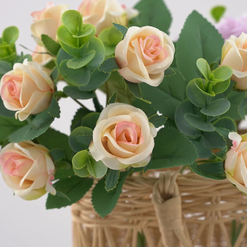 11-köpfiger Kunstblumenstrauß aus Seidenrosen mit Vase für Heimdekoration, Garten, Eukalyptusblätter, Kunstpflanzen, Hochzeit, Party – Detail 2