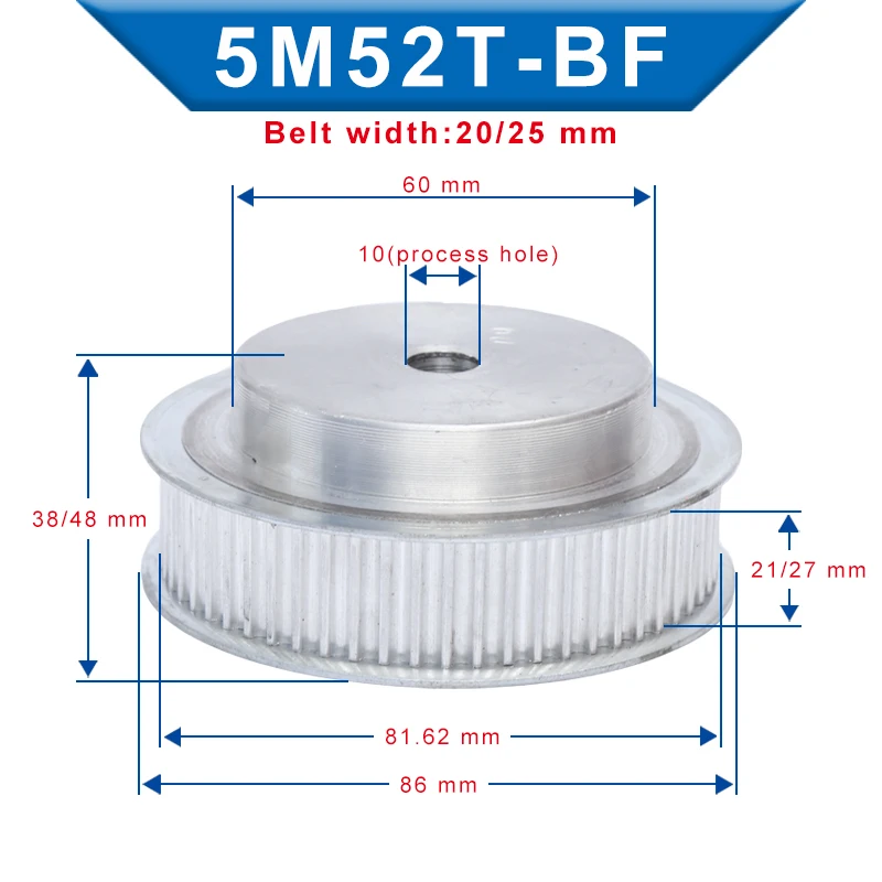 Timing Pulley 5M52 Teeth BF type  teeth pitch 5mm process hole diameter 10mm pulley slot width 21/27mm for 20/25 mm timing belt