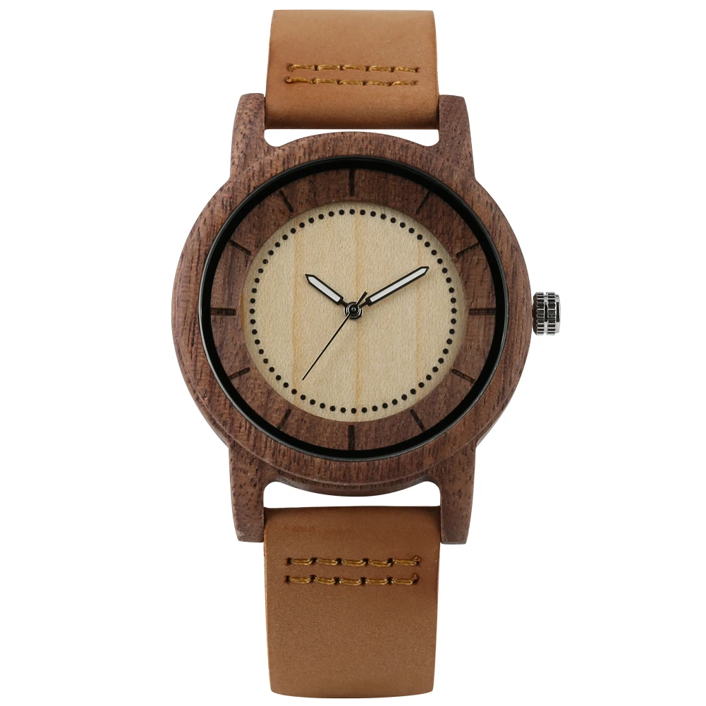 Men's Quartz Wooden Watch Practical Luminous Pointers Dial Wooden Watches for Boys Leather Strap Wooden Wristwatch for Husband