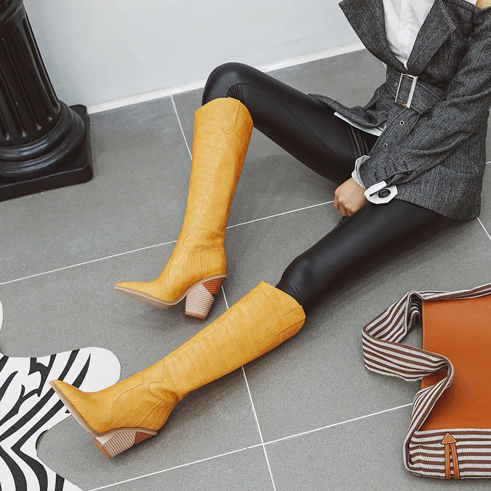 Fashion Knee High Boots Western Cowboy Boats for Women Long Winter Pointed Toe Cowgirl Wedges Motorcycle Booties Yellow Red