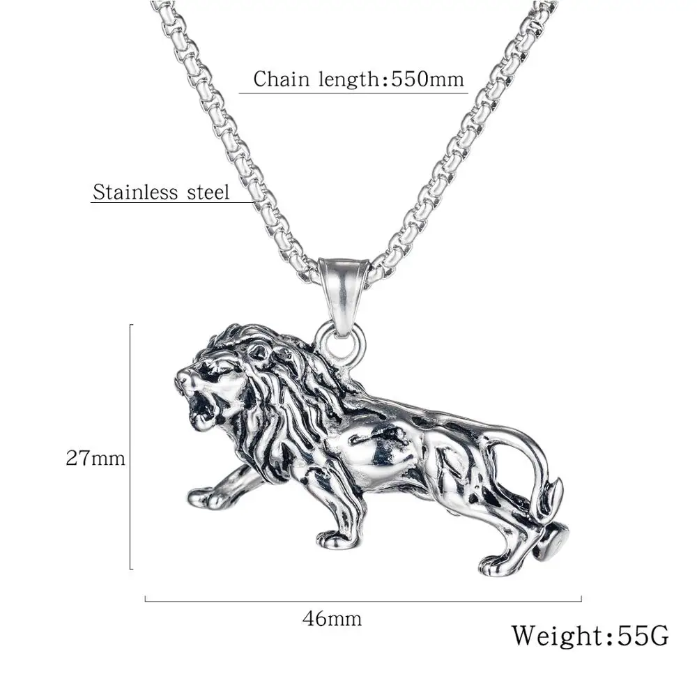 Hip Hop Stainless Steel Gold Color Men‘s Necklace King Lion Pendant Chain Animal Jewelry Male Gift