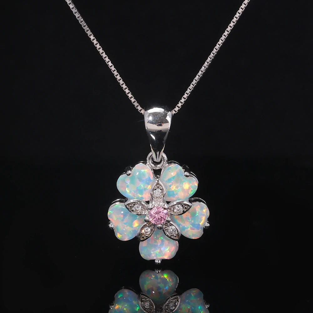 CiNdy White Fire Opal Pink Stone Necklace Flower Silver Plated Chain Zircon Pendant Charm Summer Jewelry Female Gift