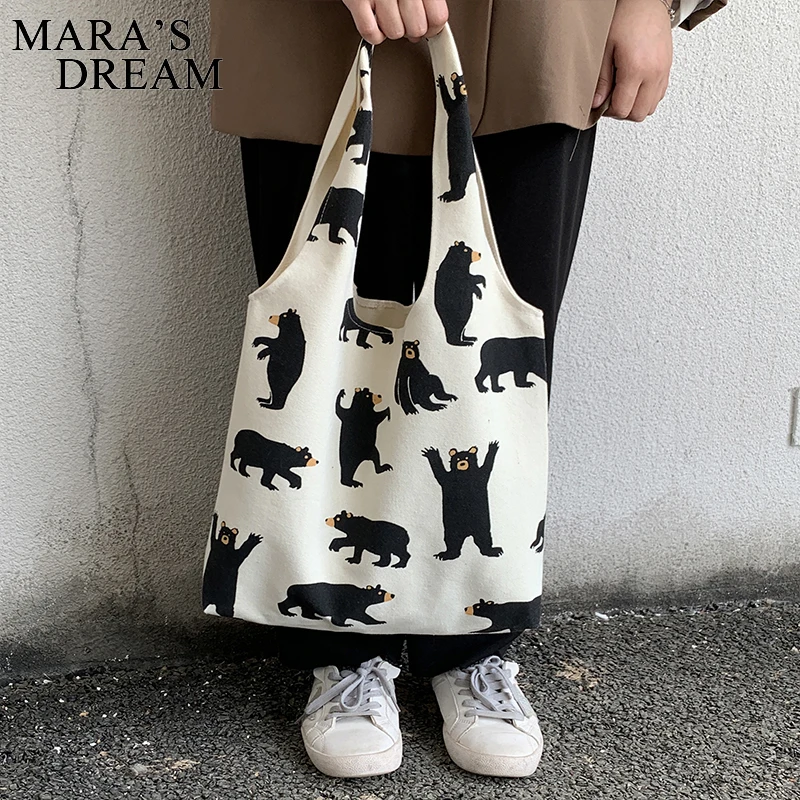 Mara\'s Dream Korea Ulzzang Big bear pattern Print Female Shopping Canvas Tote Casual Large-capacity Cartoon Women Shoulder Bags