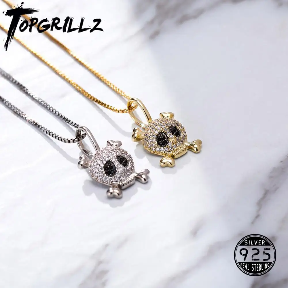 TOPGRILLZ 925 Sterling Silver Pendant Ice Cube Zirconia Skull Pendant Hip Hop Fashion Jewelry For Women