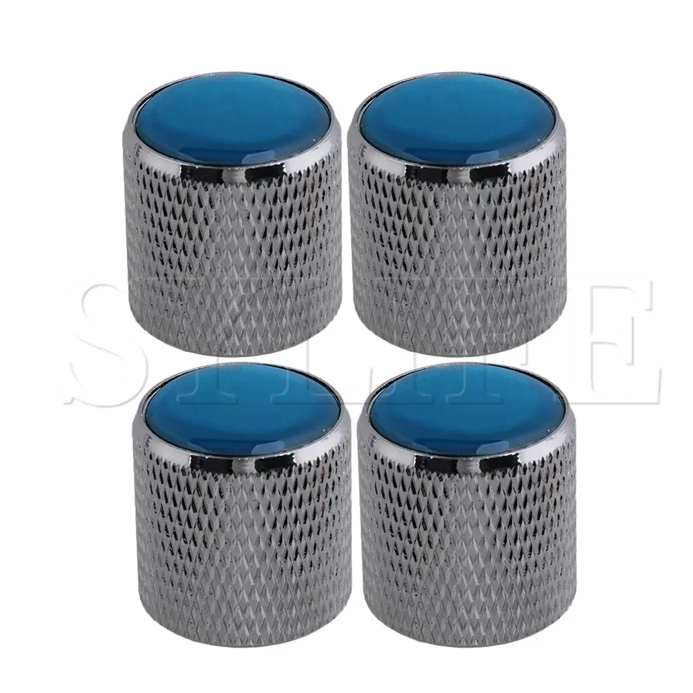 4X Silver Domed Volume Tone Control Steel Knob Electric Guitar Bass w/ Blue Top