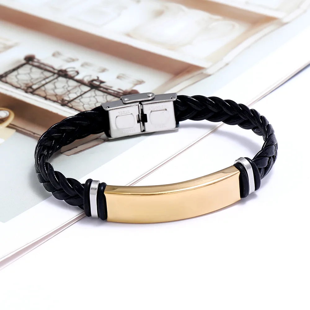 Leather Braided Stainless Steel Bracelet Bangle for Men Polished Plate Charm Wrap Bracelet Mens Wristband Friendship Jewelry