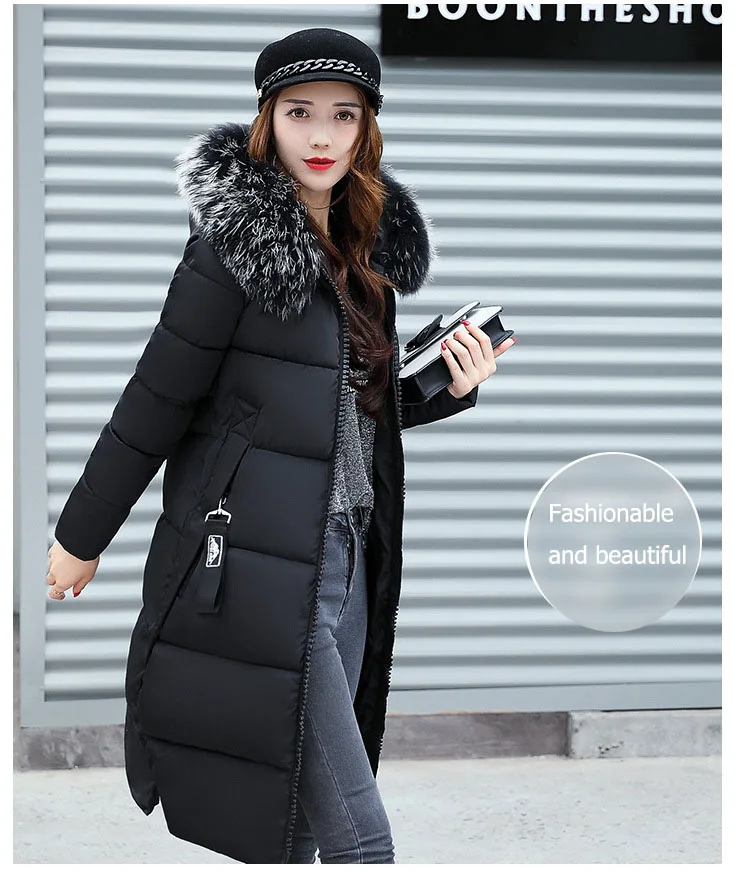 2025 Women's Down Parkas Winter Jacket Big Fur Collar Thick Slim Coat Fashion Hooded Cotton Outerwear Long Winter Woman Coat