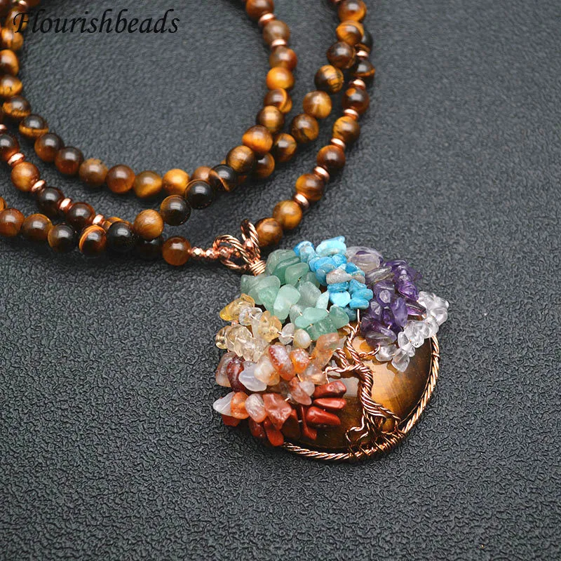 Handmade Winding Pendant Natural Tiger Eye Amethyst Pendant and Chain Life Tree Gemstone Chips Beads Mineral Healing Necklace