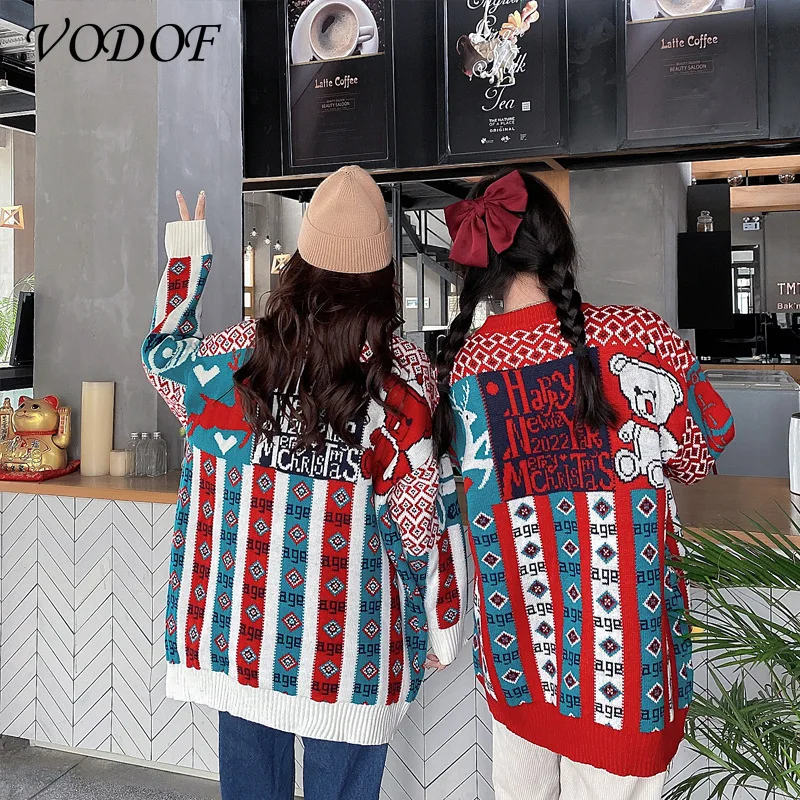 VODOF Christmas red long sleeve women casual sweater autumn winter Animal design female pullover Fashion knitted sweater tops