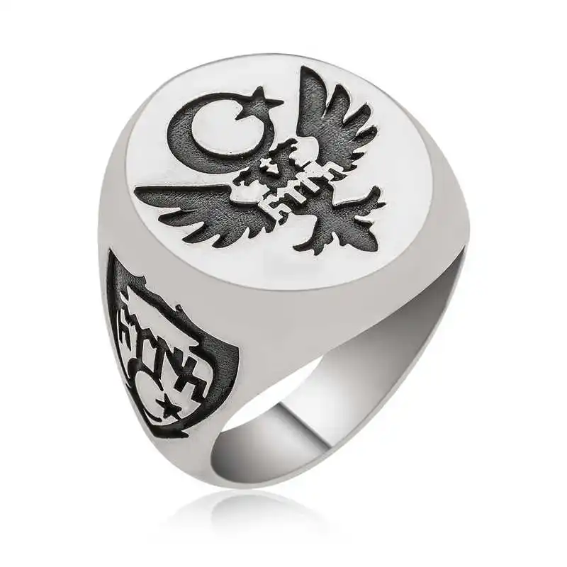 ​Silver Double Headed Eagle Moon Star Men's Ring - 925 Sterling Men's Jewelry Wedding Birthday Gift - Box - - Male - Fashion - Botiva - Size - Turkish - Patterned Embroidered