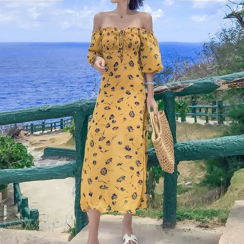 

2021 Women Sexy Floral Printed Party Long Dresses Vestidos Boho Beach French Style Dress Puff Long Sleeve Ladies Sundress Dress