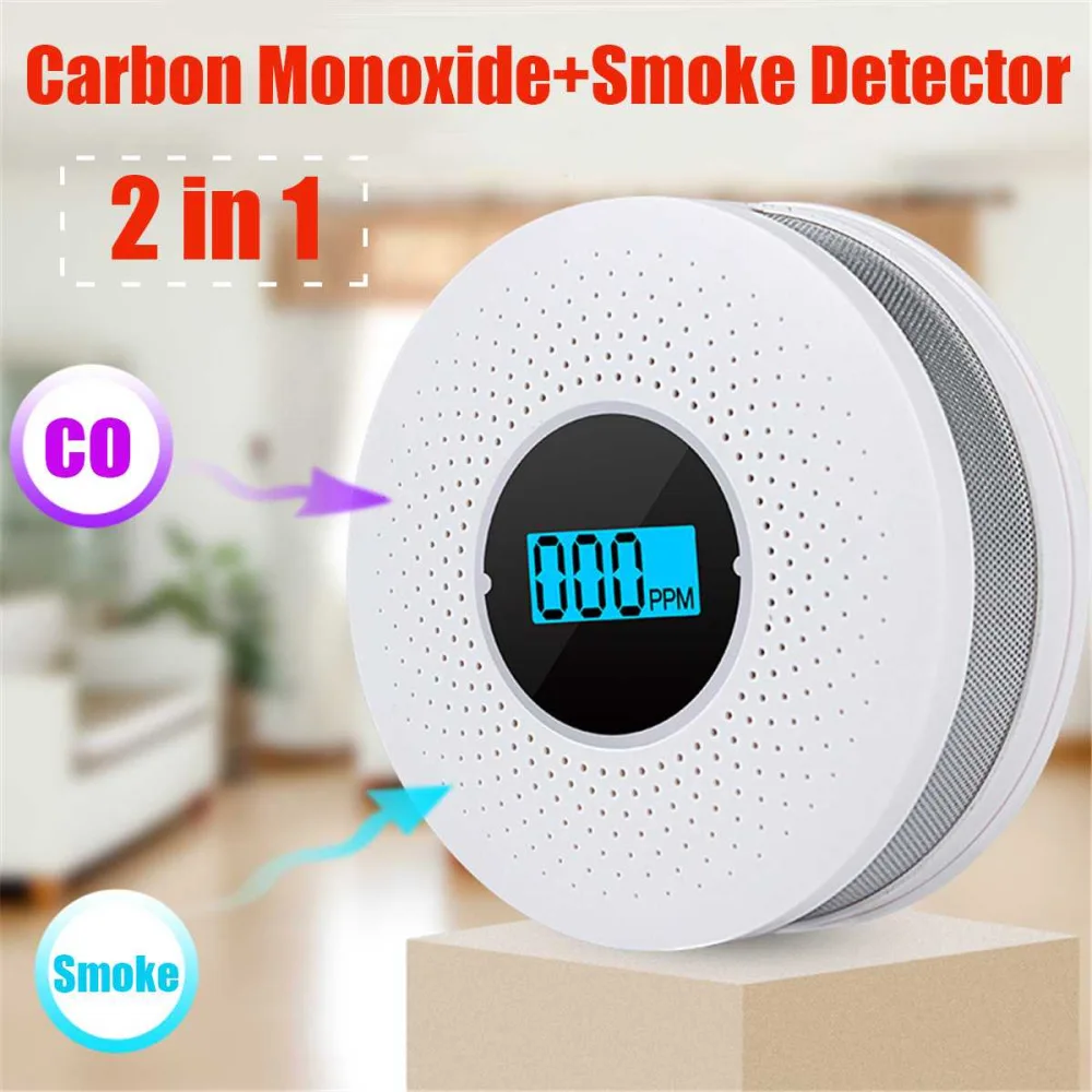 Detector de monóxido de carbono y humo alimentado por batería, combinación de alarma de CO para fumar, pantalla Digital LED, alerta de voz, Sensor de seguridad para el hogar